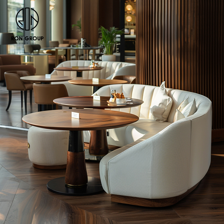 Cream Upholstered Curved Restaurant Booth Seating Set with Walnut Tables and Dining Chairs