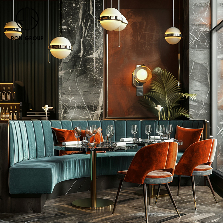 odern Green Velvet Curved Restaurant Booth Seating Set with Marble Dining Tables