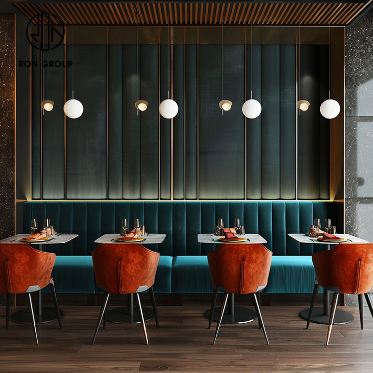 odern Green Velvet Curved Restaurant Booth Seating Set with Marble Dining Tables