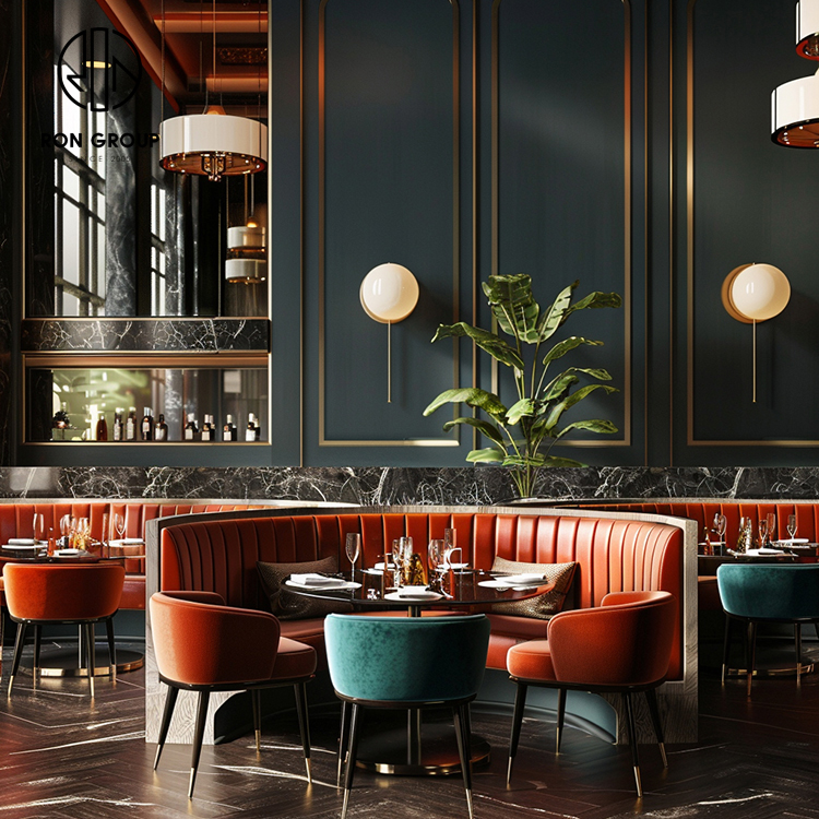 odern Green Velvet Curved Restaurant Booth Seating Set with Marble Dining Tables