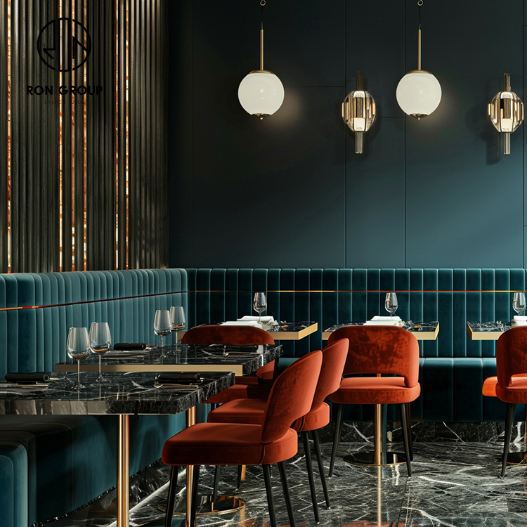 odern Green Velvet Curved Restaurant Booth Seating Set with Marble Dining Tables