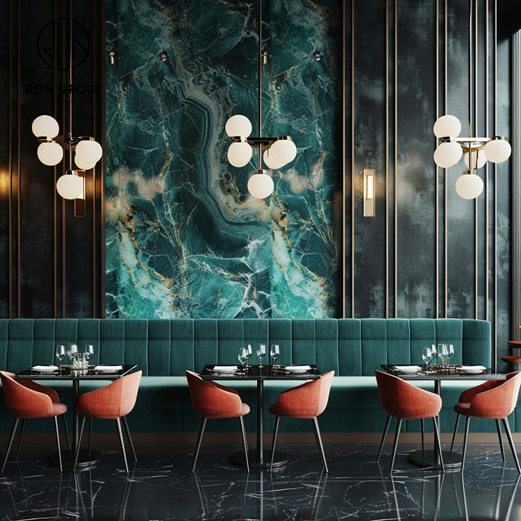 odern Green Velvet Curved Restaurant Booth Seating Set with Marble Dining Tables