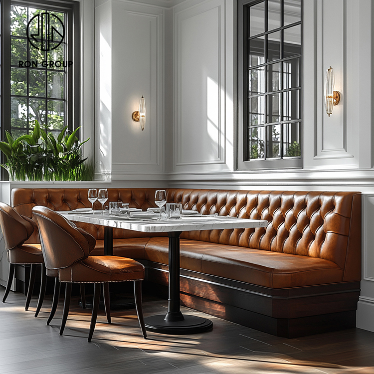 Luxury Brown Tufted Leather Restaurant Booth Seating Set with Marble Dining Tables and Chairs
