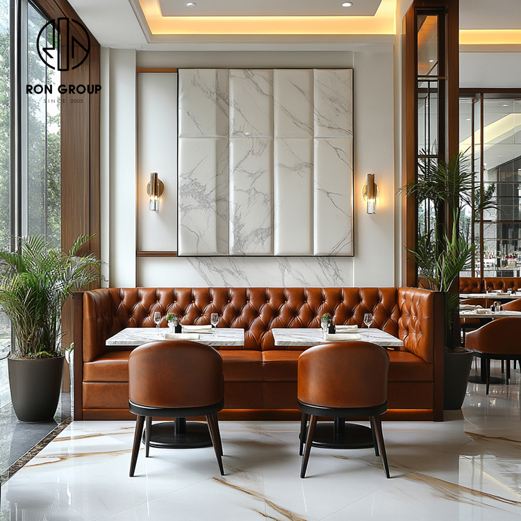 Luxury Brown Tufted Leather Restaurant Booth Seating Set with Marble Dining Tables and Chairs