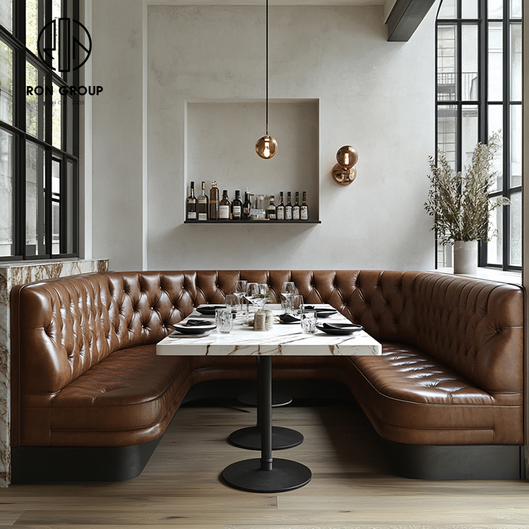 Luxury Brown Tufted Leather Restaurant Booth Seating Set with Marble Dining Tables and Chairs
