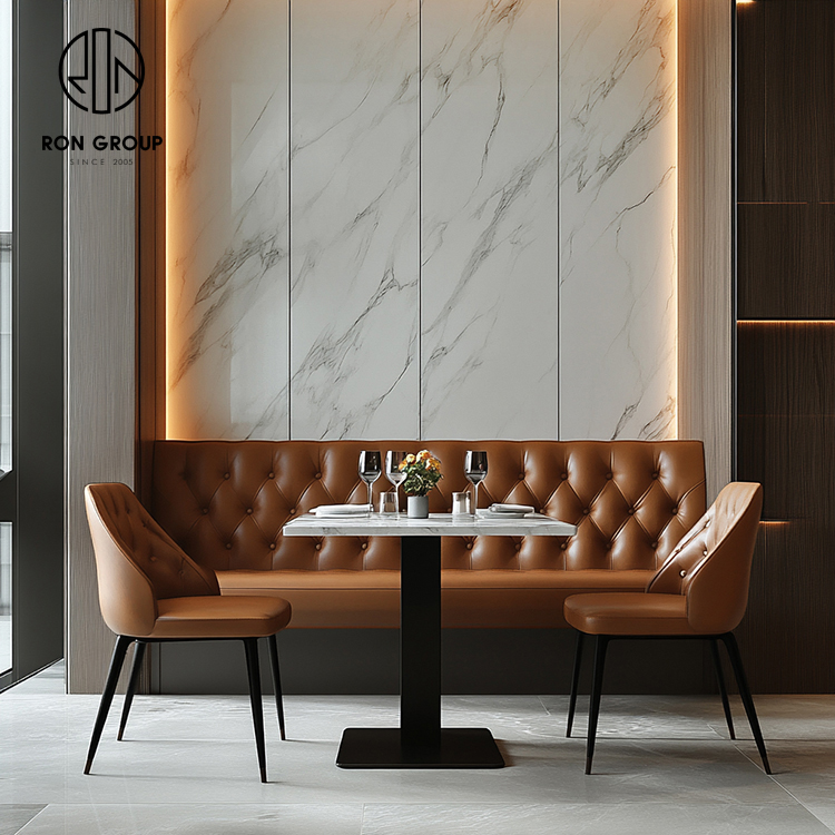 Luxury Brown Tufted Leather Restaurant Booth Seating Set with Marble Dining Tables and Chairs