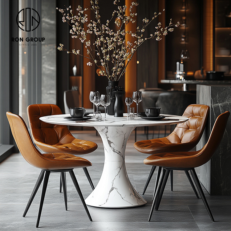 Luxury Brown Tufted Leather Restaurant Booth Seating Set with Marble Dining Tables and Chairs