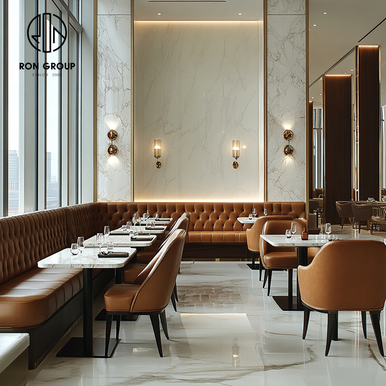 Luxury Brown Tufted Leather Restaurant Booth Seating Set with Marble Dining Tables and Chairs