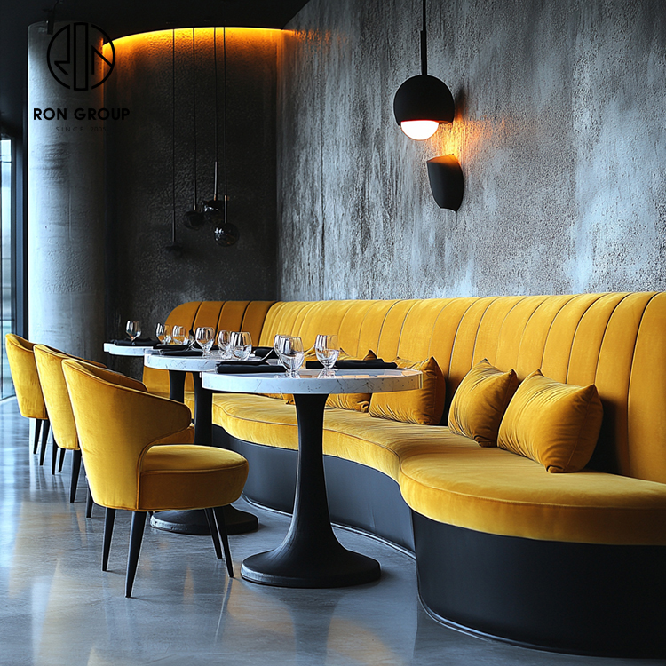 Luxury Yellow Curved Restaurant Booth Seating Set with Round Marble Tables and Upholstered Dining Chairs