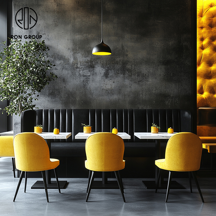 Luxury Yellow Curved Restaurant Booth Seating Set with Round Marble Tables and Upholstered Dining Chairs