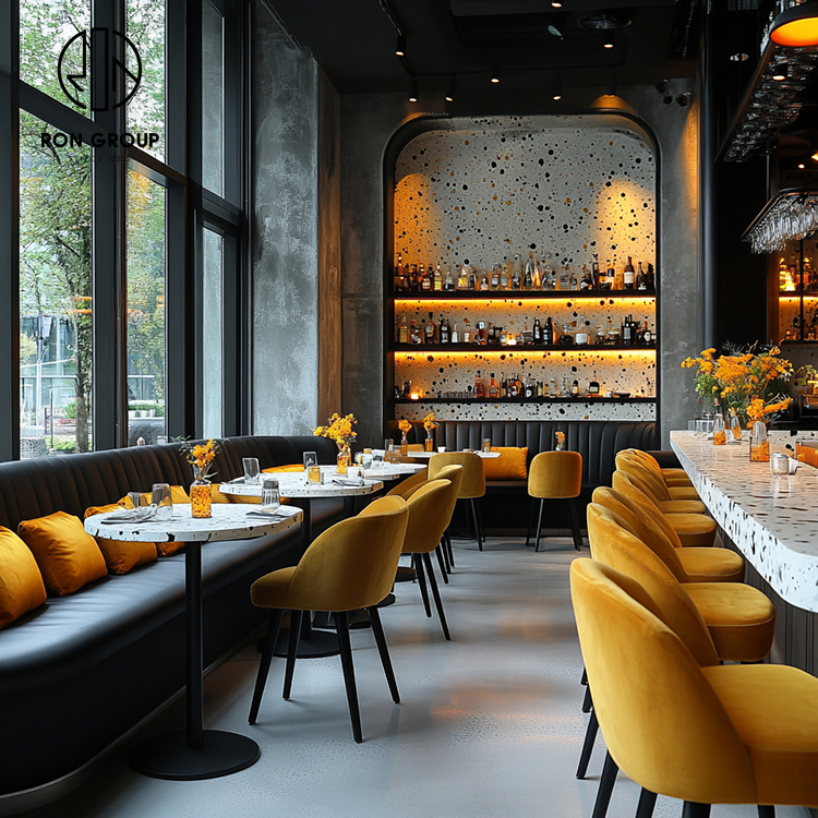Luxury Yellow Curved Restaurant Booth Seating Set with Round Marble Tables and Upholstered Dining Chairs