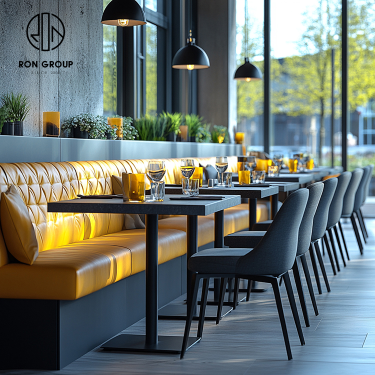 Luxury Yellow Curved Restaurant Booth Seating Set with Round Marble Tables and Upholstered Dining Chairs