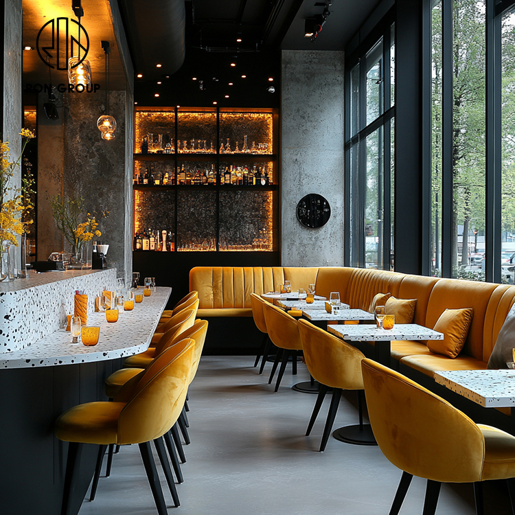 Luxury Yellow Curved Restaurant Booth Seating Set with Round Marble Tables and Upholstered Dining Chairs
