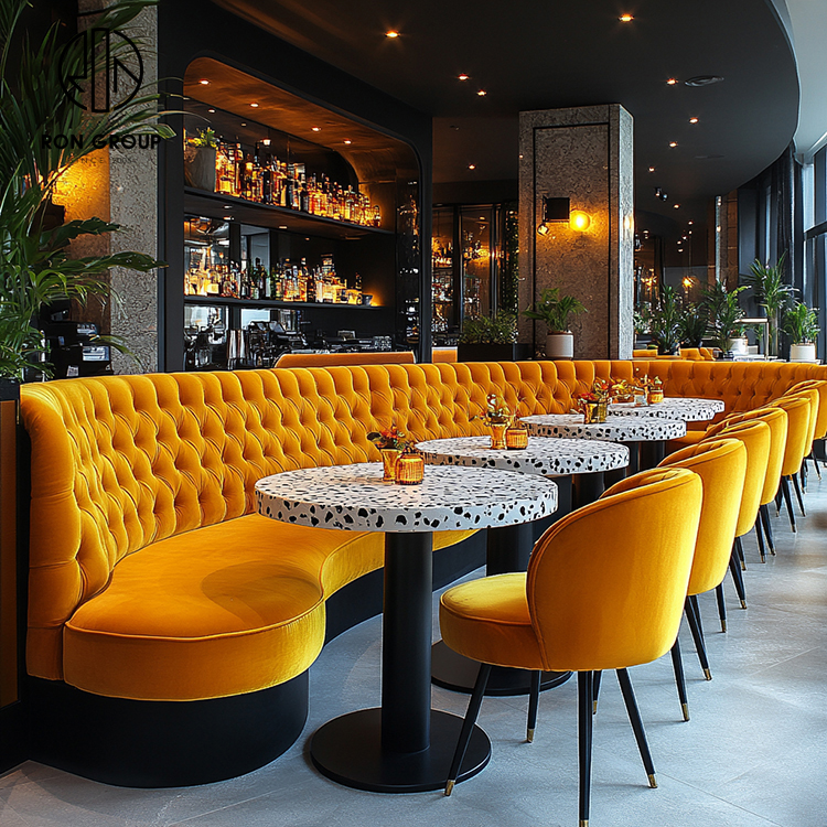 Luxury Yellow Curved Restaurant Booth Seating Set with Round Marble Tables and Upholstered Dining Chairs