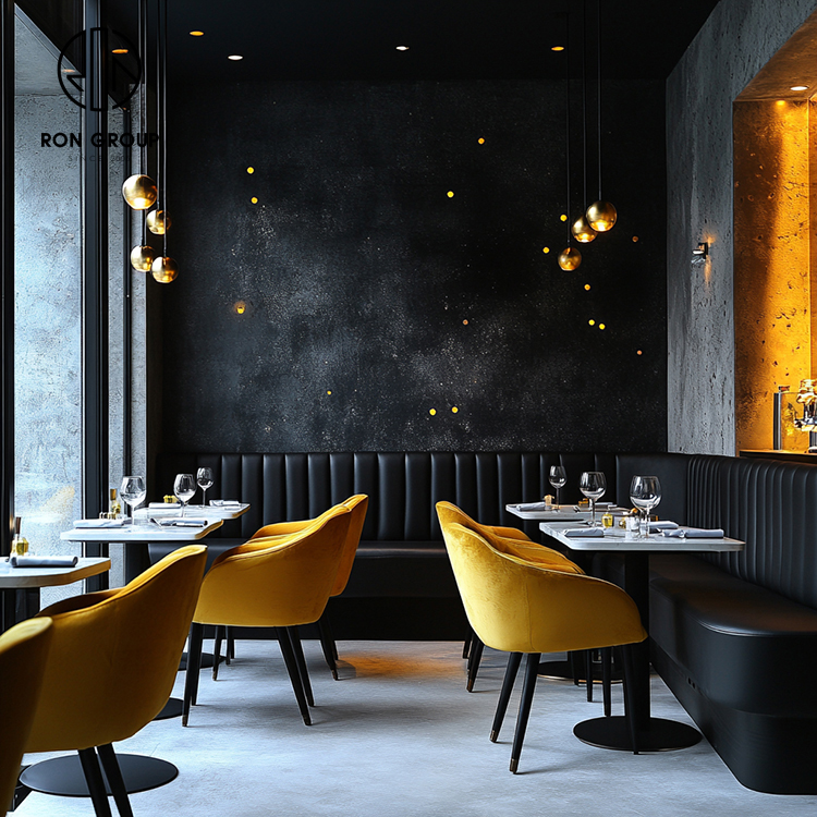Luxury Yellow Curved Restaurant Booth Seating Set with Round Marble Tables and Upholstered Dining Chairs