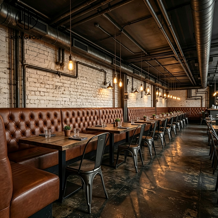 Industrial Brown Tufted Leather Restaurant Booth Seating Set with Wood Tables and Metal Dining Chairs