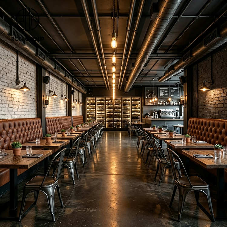 Industrial Brown Tufted Leather Restaurant Booth Seating Set with Wood Tables and Metal Dining Chairs