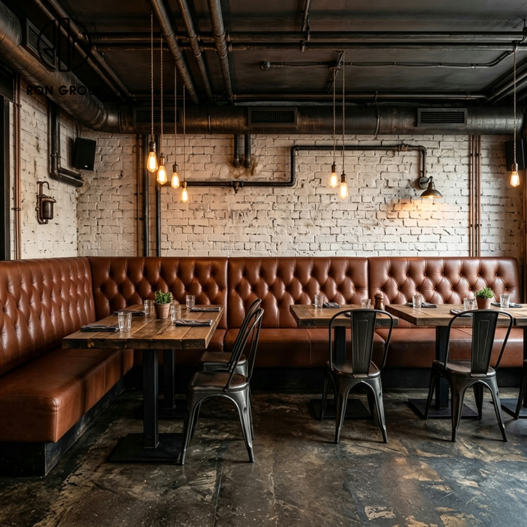 Industrial Brown Tufted Leather Restaurant Booth Seating Set with Wood Tables and Metal Dining Chairs