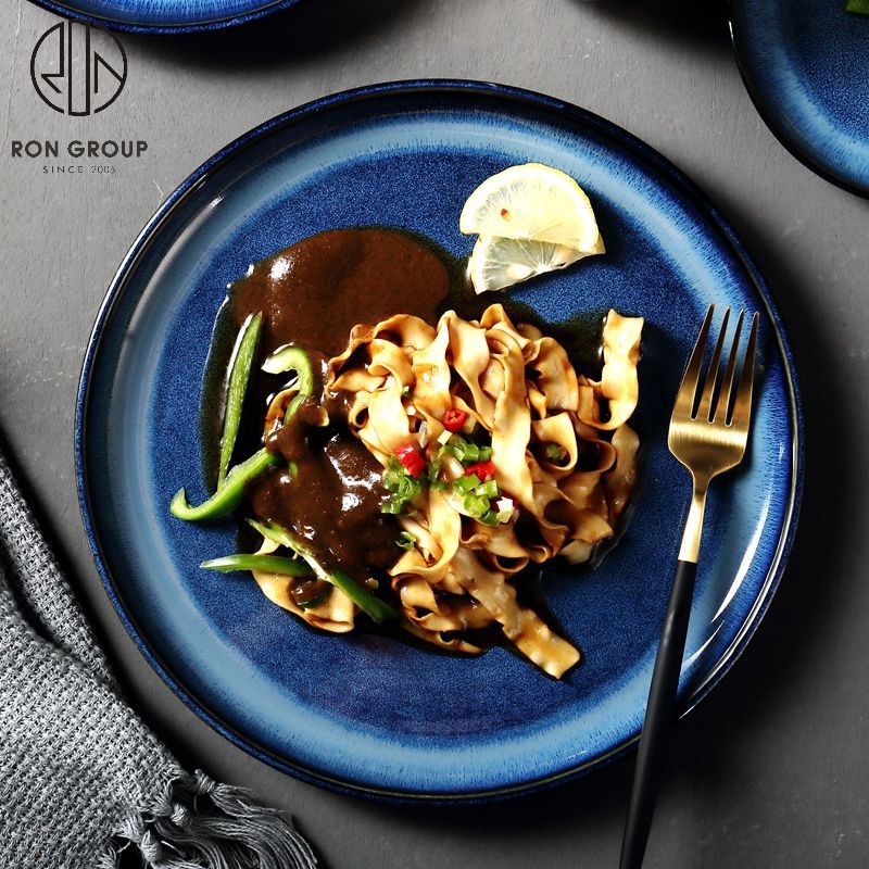 Kiln-Glazed Blue Ceramic Dinner Plate for Modern Restaurants