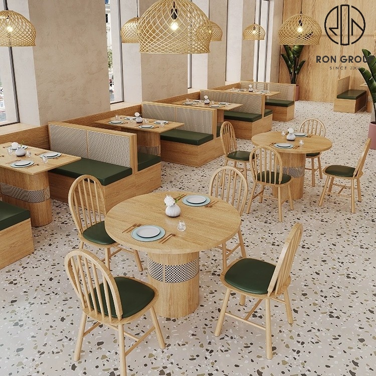 Solid Wood Rattan Half Round Booth Seating Set With Green Cushions Round Dining Table For Restaurant
