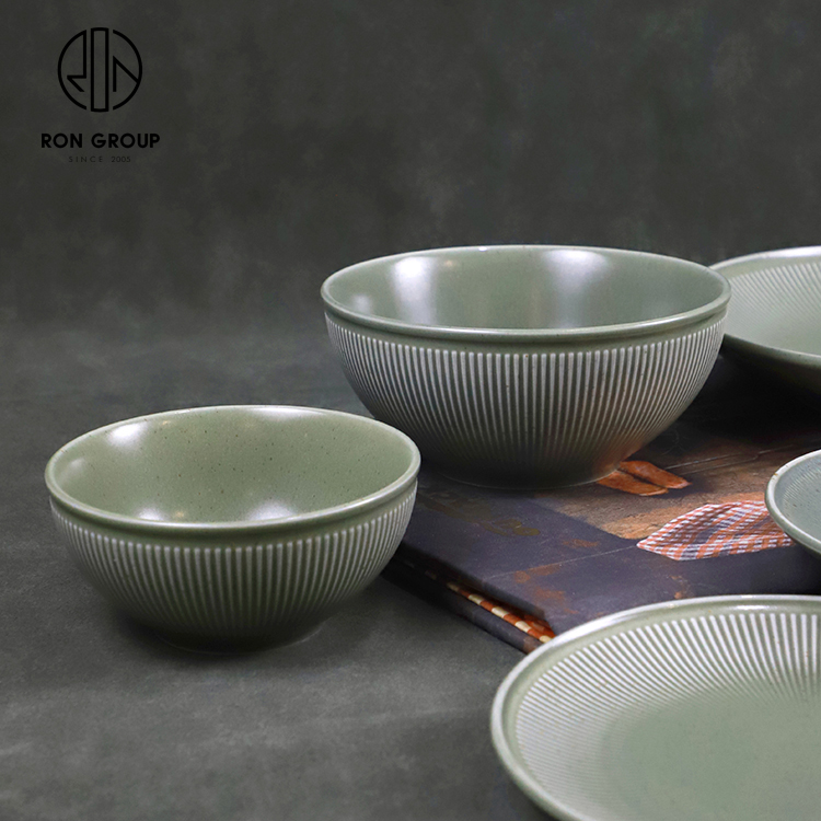Light Green Ribbed Ceramic Soup Bowl for Hotels and Restaurants