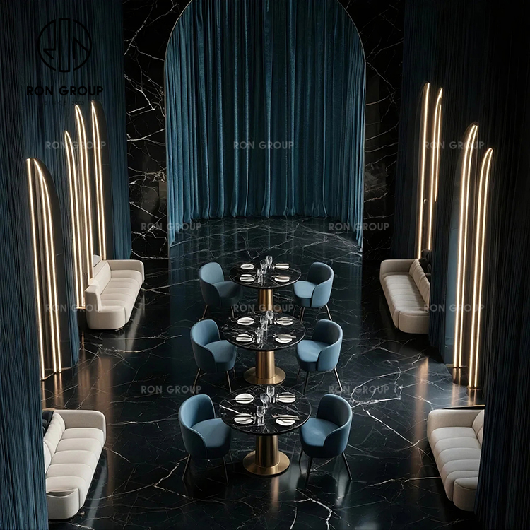 Luxury Curved Leather Banquette Seating Set With Black Marble Tables Gold Bases And Teal Velvet Chairs