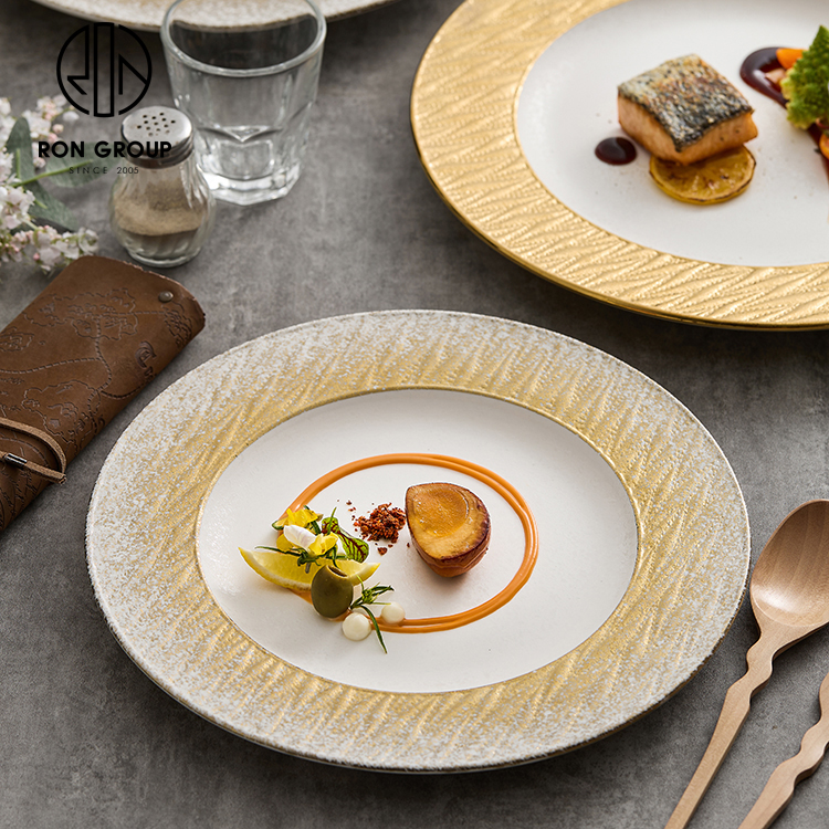 Cheaper Price Golden Round Ceramic Tableware Dinnerware  8.5/12 Inch Food Dinner Serving Plate for Commercial Dinner Cutlery