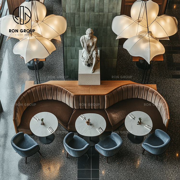 Half Circle Booth Seating Set With Walnut Wood Base Velvet Upholstery Round Marble Tables For Restaurant