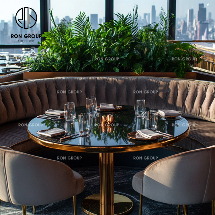 Half Circle Curved Booth Seating Set With Marble Tables And Lounge Chairs For Restaurants