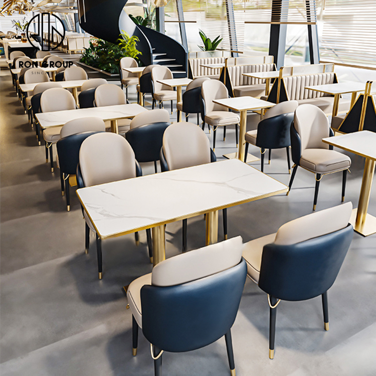 Modern Luxury Marble Top Booth Seating Set Gold Base Tables And Two Tone Dining Chairs