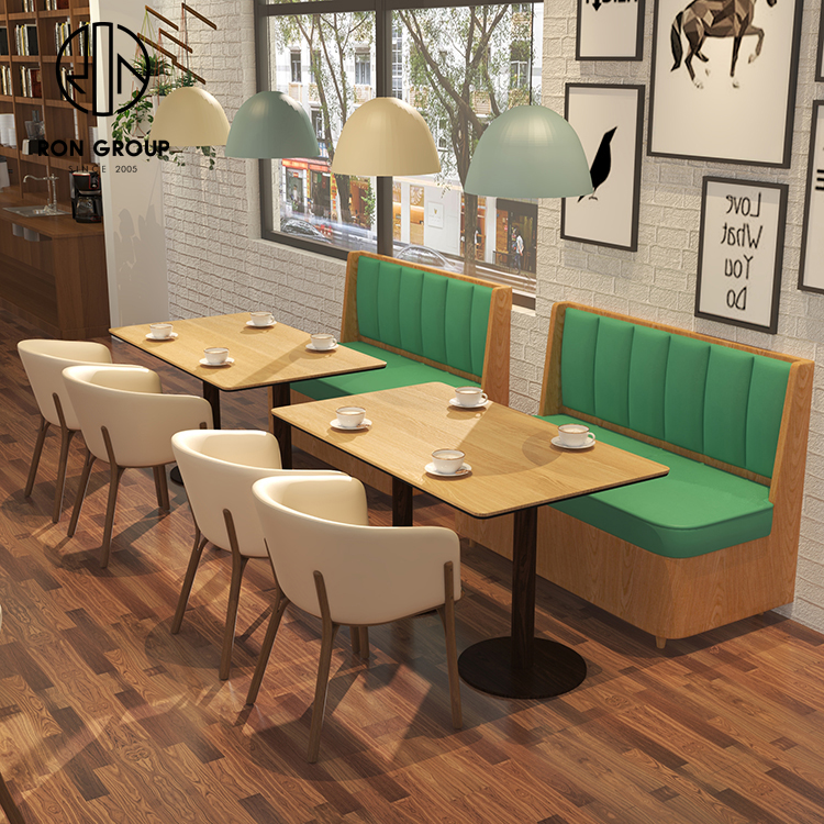 Green PU Booth Seating Set With Light Oak Wood Base Cafe Tables And Beige Dining Chairs For Restaurant