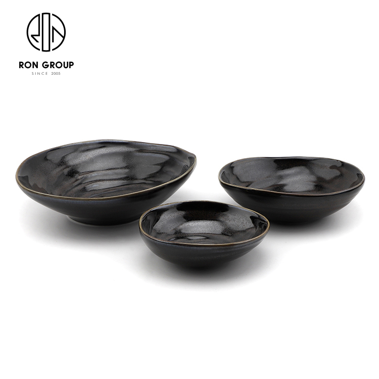 Irregular Glossy Black Ceramic Salad Bowl Set