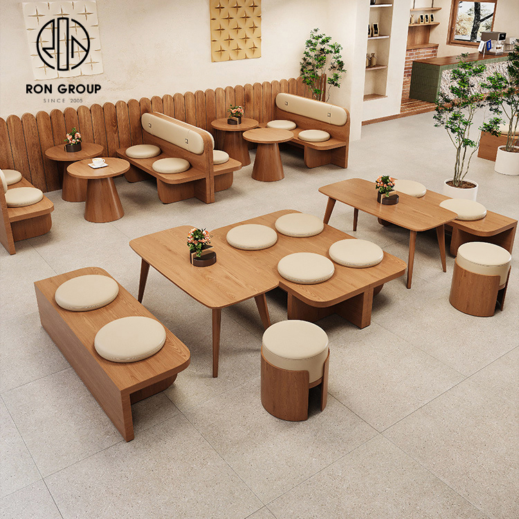Japandi Wood Booth Bench Seating Set With Back Cushions Tables And Round Stools For Cafes