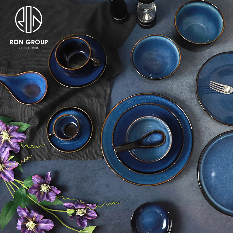 Deep Blue Reactive-Glaze Ceramic Dinnerware Set for Restaurants