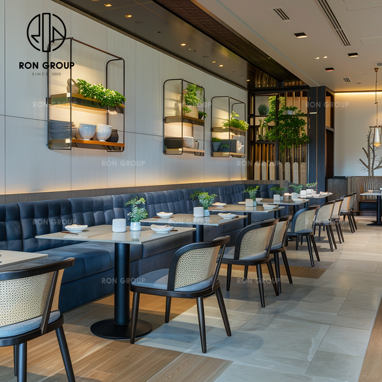 Contemporary Velvet Booth Bench Seating with Rattan Chairs for Coffee and Tea Shops