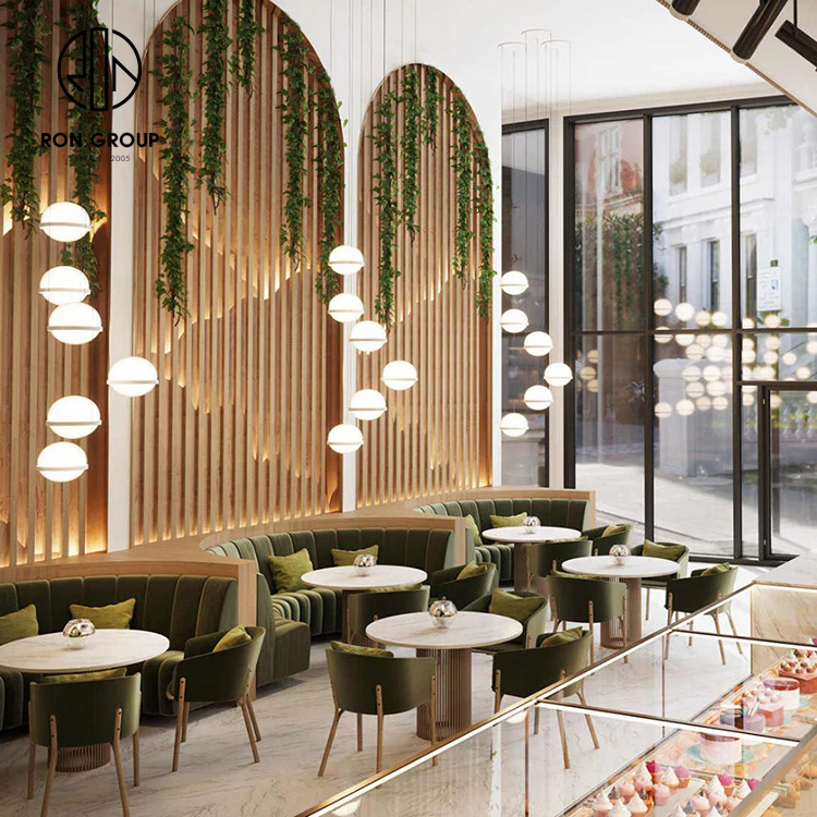 Modern Green Velvet Curved Booth Seating Set With Round Marble Tables And Cafe Chairs