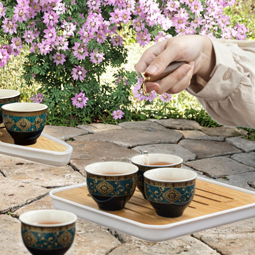 Portable 360° Rotating Ceramic Kung Fu Tea Set with Anti-Scald Side Handle - 1 Pot 4 Cups Travel Collection