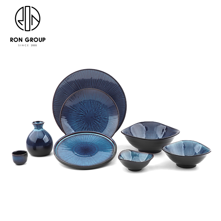 Deep Blue Reactive-Glaze Ceramic Dinnerware Set for Restaurants