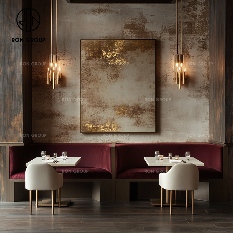Modern Marble Dining Table with Velvet Booth Seating for Upscale Restaurants