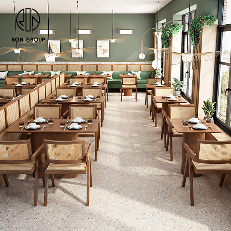 Modern Rattan Back Booth Seating Set With Wood Tables And Armchairs For Restaurants Cafes