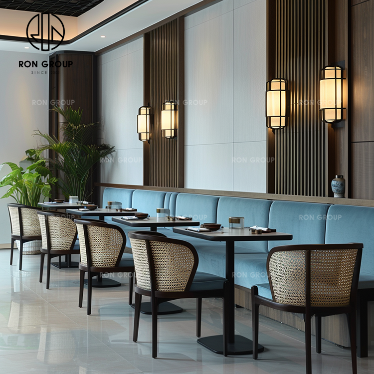 Contemporary Velvet Booth Bench Seating with Rattan Chairs for Coffee and Tea Shops