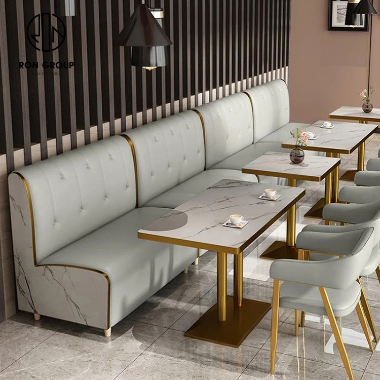 Luxury Marble Look Booth Seating Set With Gold Base Tables And Upholstered Chairs For Cafes