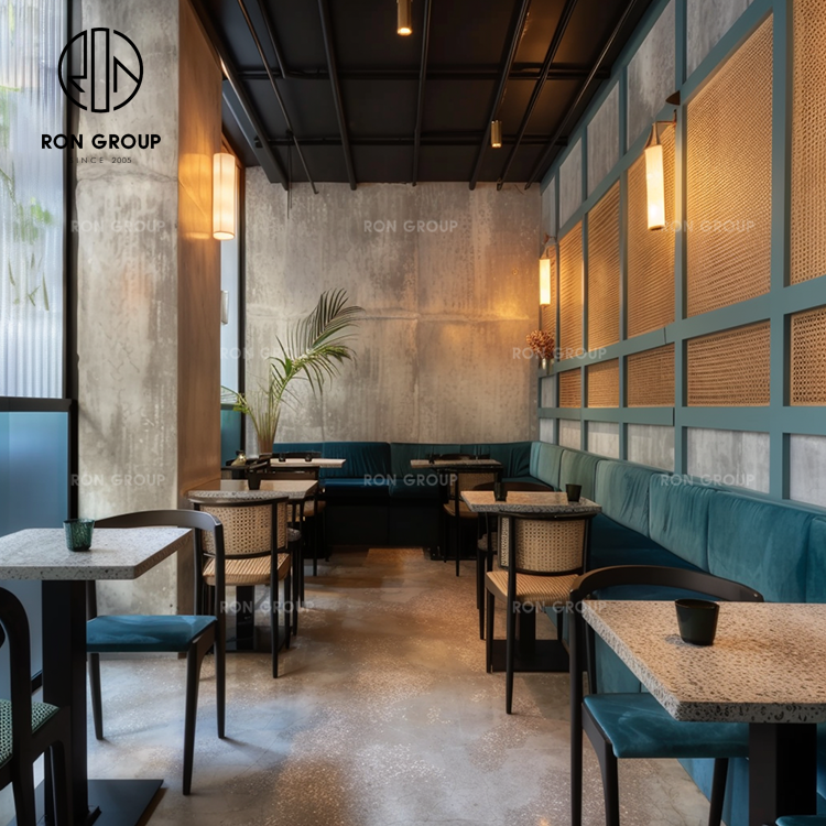 Contemporary Velvet Booth Bench Seating with Rattan Chairs for Coffee and Tea Shops