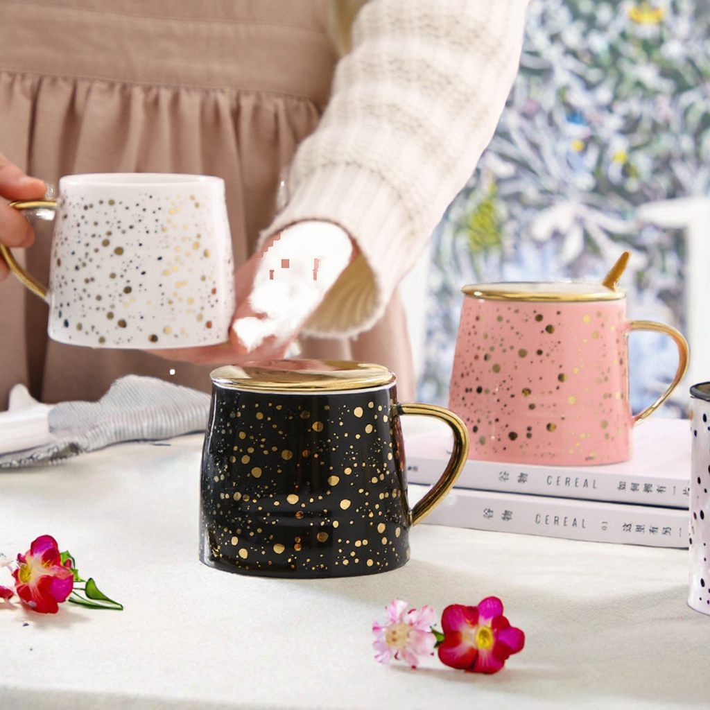 Luxury Creative Star Sky Ceramic Coffee Mug with Gold Handle & Lid - Minimalist Christmas Gift Collection