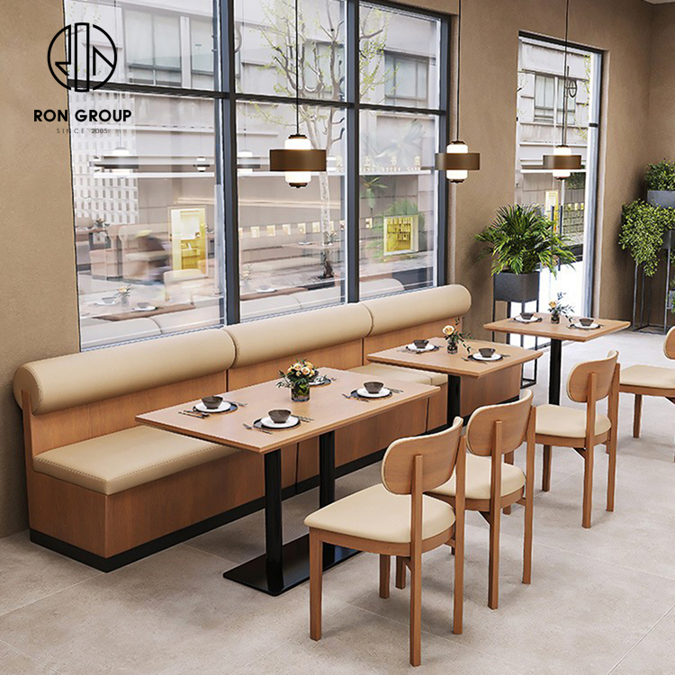 Light Oak Wood Booth Bench Seating Set With Beige Upholstery Black Pedestal Tables For Cafe