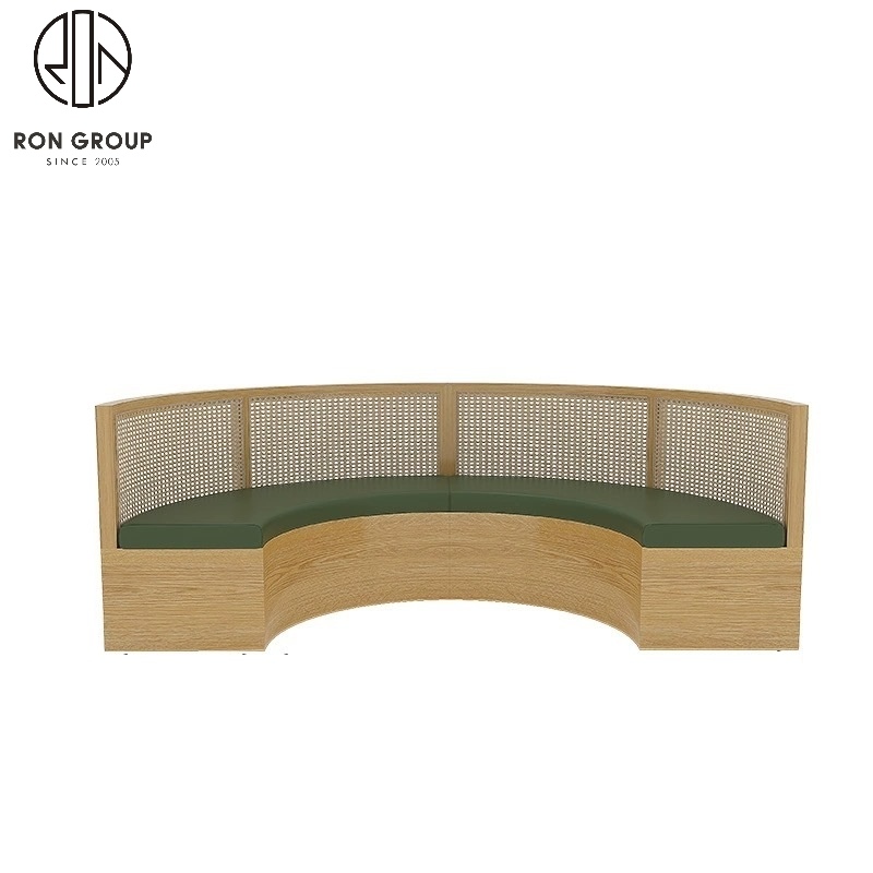 Solid Wood Rattan Half Round Booth Seating Set With Green Cushions Round Dining Table For Restaurant