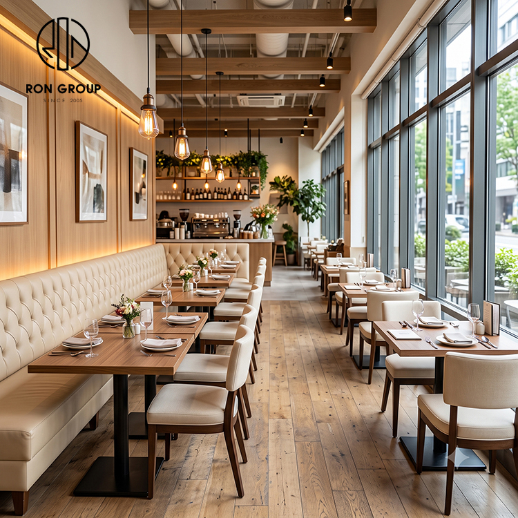 Elegant Cream Tufted Restaurant Booth Seating Set with Square Wood Tables and Leather Dining Chairs