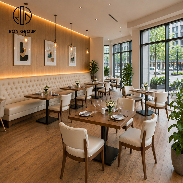 Elegant Cream Tufted Restaurant Booth Seating Set with Square Wood Tables and Leather Dining Chairs