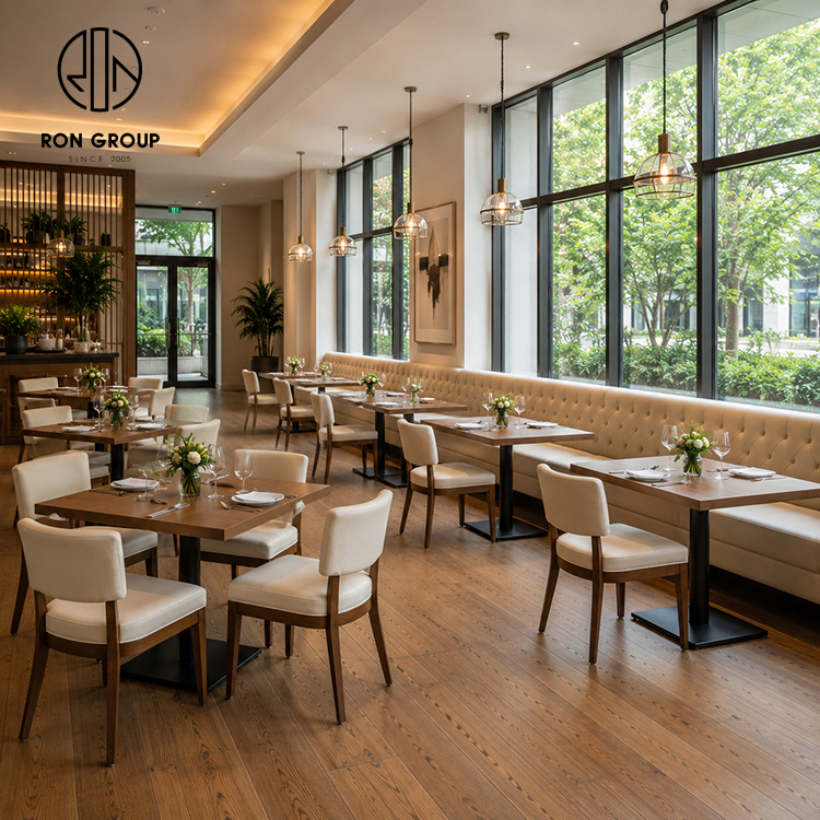 Elegant Cream Tufted Restaurant Booth Seating Set with Square Wood Tables and Leather Dining Chairs