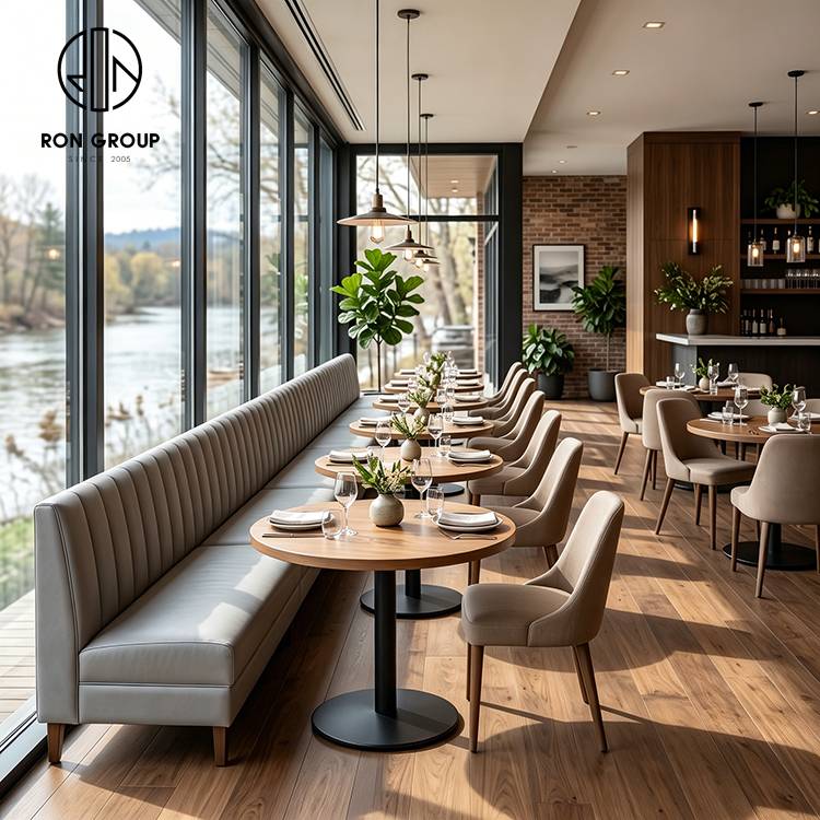 Modern Restaurant Furniture Set with Round Wood Tables, High Back Fabric Chairs and Upholstered Booth Seating